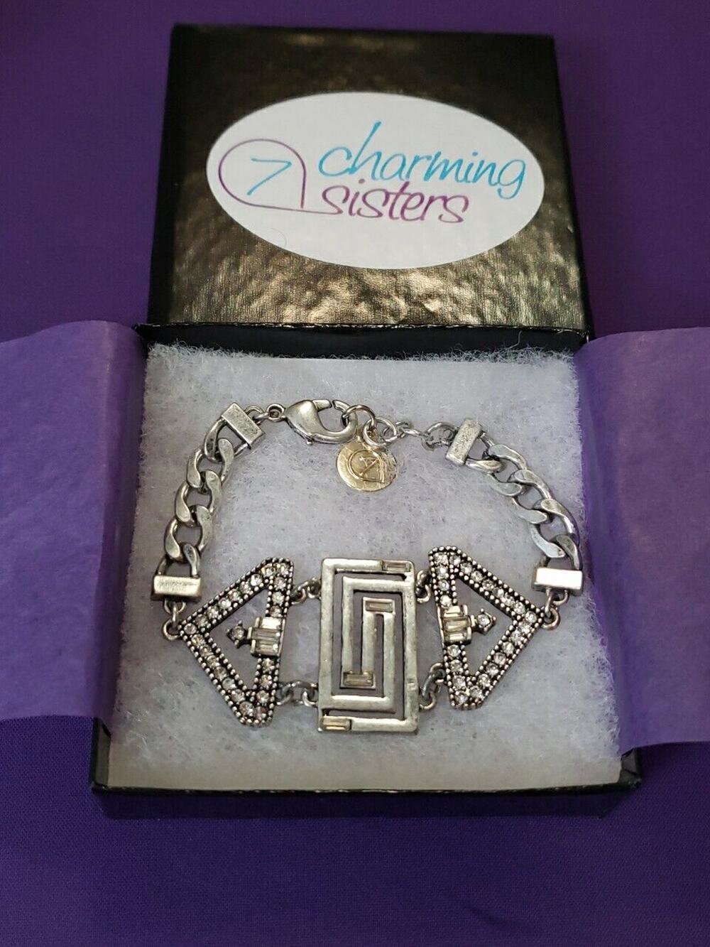 Geometric Silver Tone Chain Bracelet Rhinestone Glam Metal Style Adjustable New